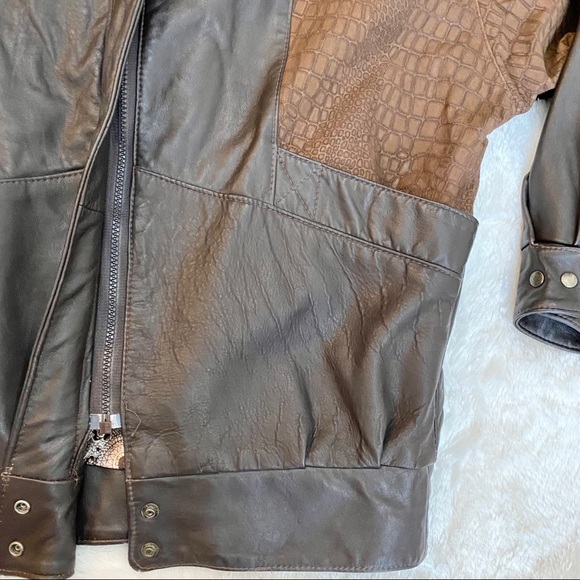 VINTAGE 80s Croc Embossed Brown Leather Jacket - Picture 4 of 8
